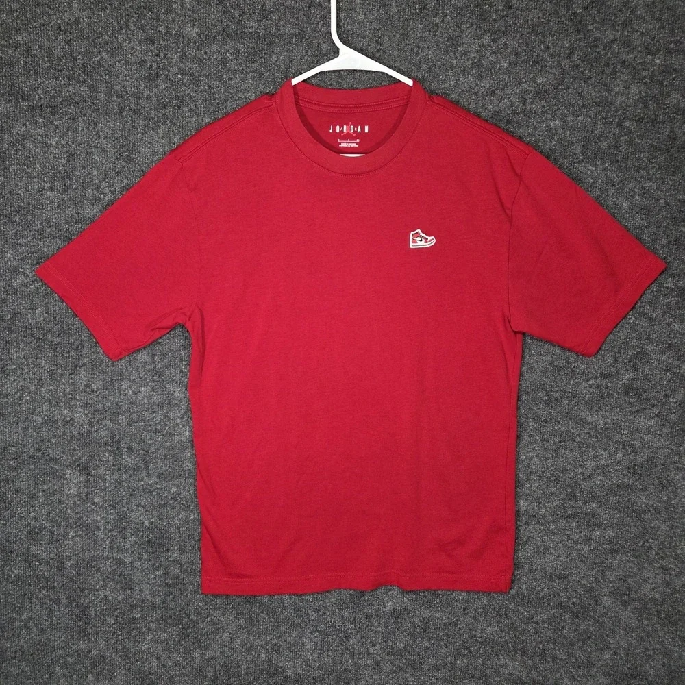 Jordan Red T Shirt Mens Small Embroidered Air Jordan 1 Sneaker Logo Graphic Tee
